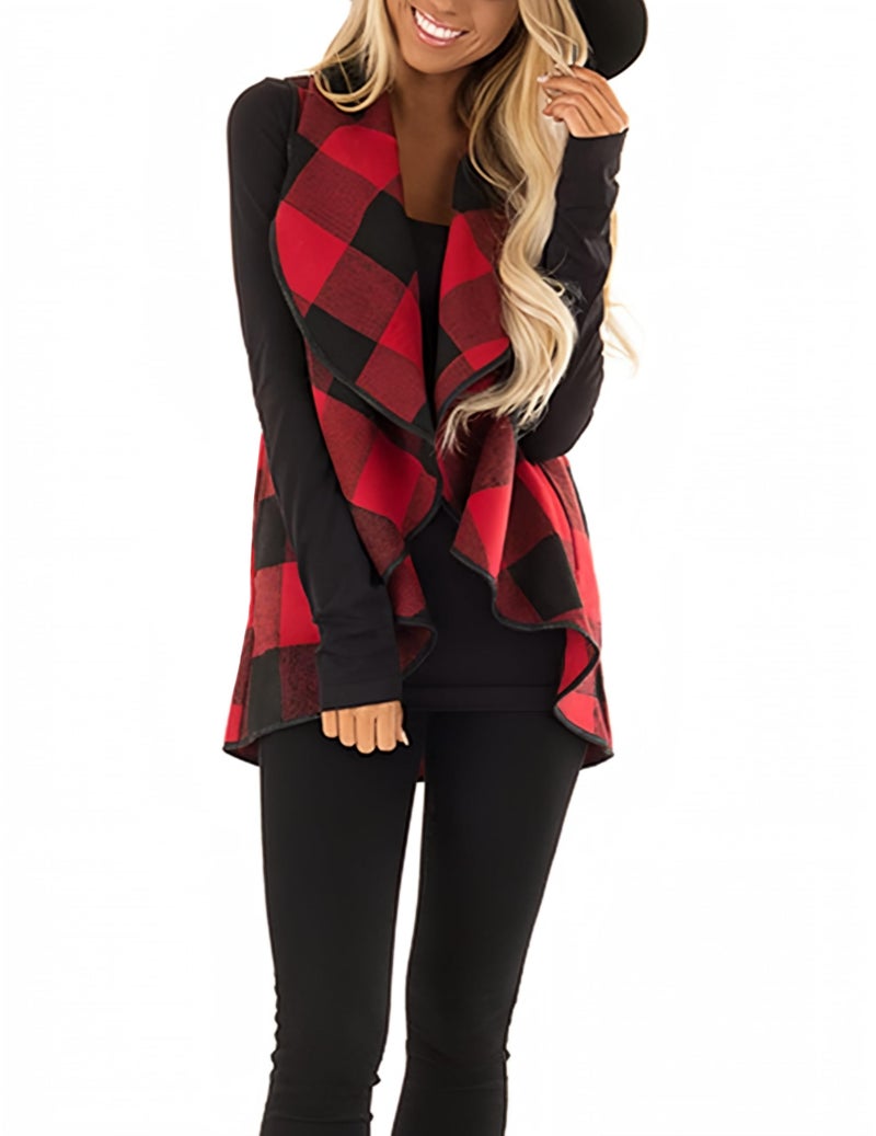 Unidear Womens Lapel Lightweight Sleeveless Open Front Plaid Vest Cardigan Coat with Pockets #2Red M - Image 1